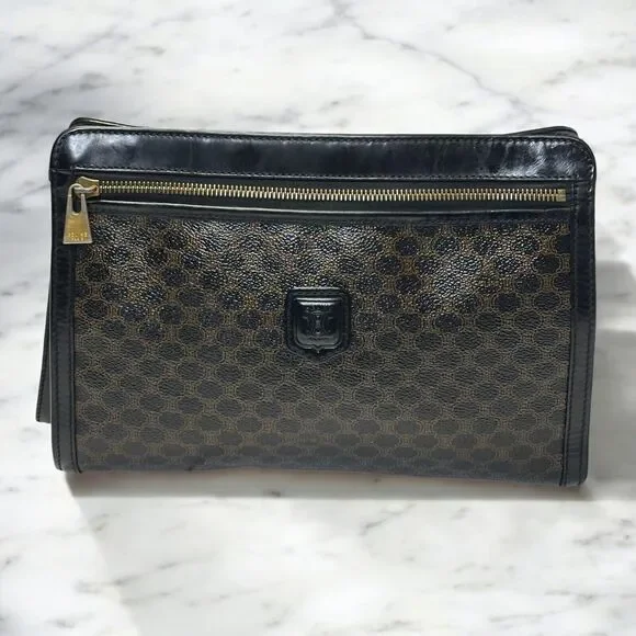 CELINE Macadam Clutch Handbag Black Brown Triomphe Leather Unisex Vintage 90s - Picture 2 of 16